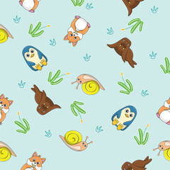 Cute wild animals seamless pattern for baby shower decor, nursery print, kindergarteen wallpaper, fabric, and textile. Vector illustration