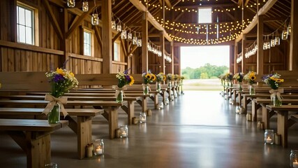Rustic barn wedding venue showcases sunflower floral arrangements and string lights, perfect for farm weddings, event planning, and country-themed celebrations with wooden benches.