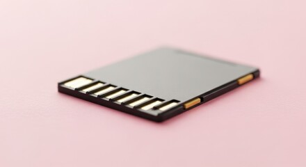 Close up shot of a black and gray micro sd card on a pink background in a studio with soft lighting