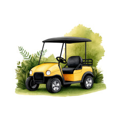 Vibrant yellow golf cart amidst lush greenery