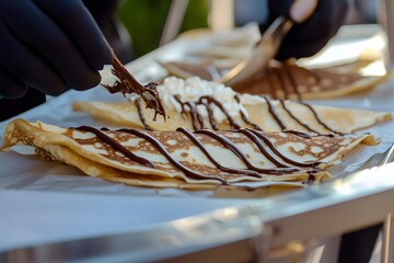 Chic crepe truck with Parisian flair captures Nutella drizzle mid-air over elegantly plated dessert.