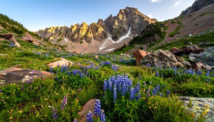 Vibrant wildflowers bloom in an alpine meadow, nestled at the base of a dramatic, rocky mountain range