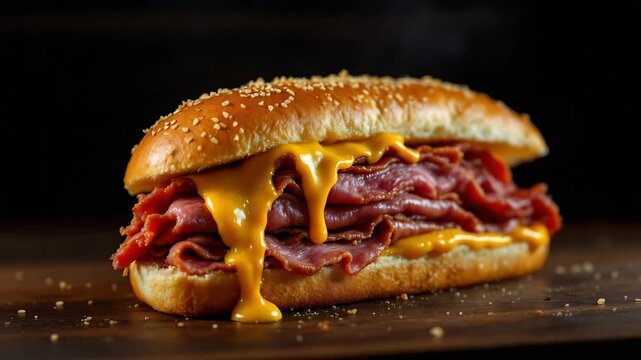 Delicious melted cheese dripping over juicy roast beef sandwich on wooden table.