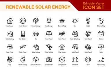 Renewable solar energy icons with sun-powered PV panels, smart inverter, energy meter, OTG setup, battery bank, charge controller, and green home power system elements.