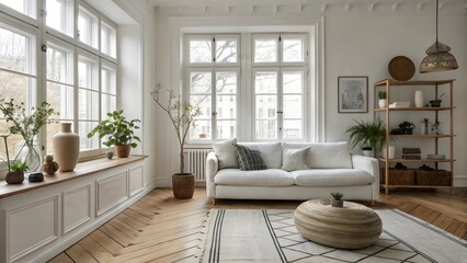 Cozy Living Room with White Sofa and Natural Light from Large Windows Decoration Idea