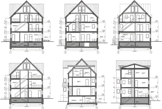 Architectural cross sections of traditional european timber framed houses showcasing interior layouts and structural details