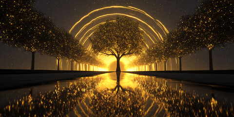 golden tree tunnel glowing with internal magical light