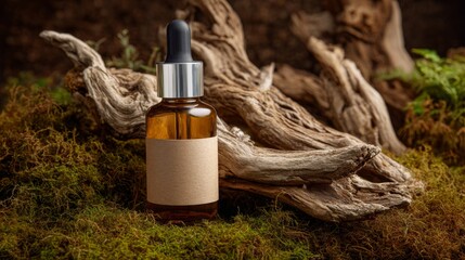 Brown glass dropper serum skincare bottle with blank label mockup on wooden driftwood with green moss, aesthetic banner with copy space