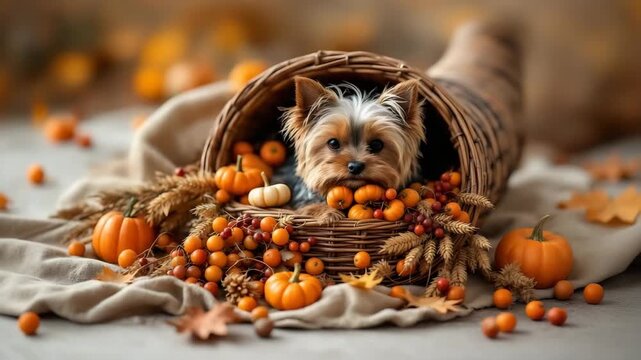Cute puppy in cornucopia surrounded by autumn harvest pumpkins and acorns.