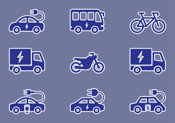 Blue electric vehicle icons including cars buses trucks motorcycles and bicycles vector