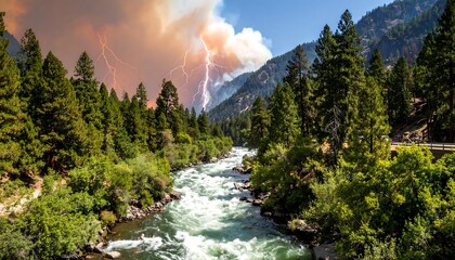 Wildfire smoke and lightning storm over a rushing river in a mountainous pine forest