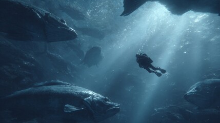 Fototapeta premium Diver exploring underwater world surrounded by giant fish 
