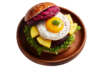 Australia Aussie burger with fried egg, pineapple, beetroot and lettuce on wooden plate, isolated on white transparent background, concept of healthy fusion food