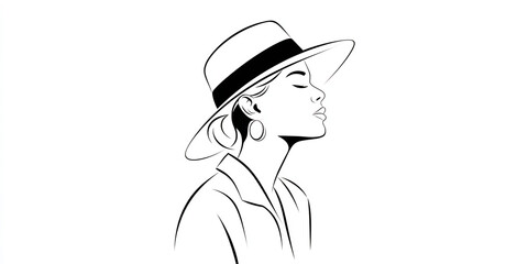 minimalist line art woman with hat design illustration