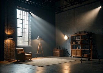 Empty industrial loft studio with dramatic light beams from large window