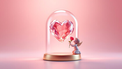 Romantic angel with rose and crystal heart in glass dome for valentine's day decor.