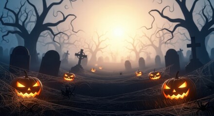 Naklejka premium Spooky Halloween Night Scene with Jack-o'-Lanterns and Graveyard