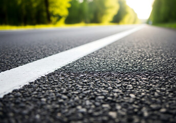 close-up of asphalt road with white center line in countryside setting

