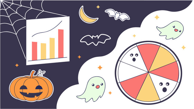 Spooky halloween data visualization with a pumpkin ghosts bats moon and a fun pie chart illustration