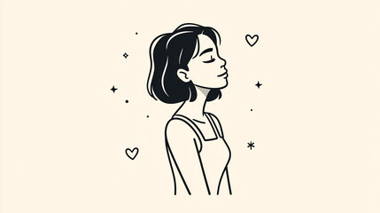 one line art woman hearts stars minimal drawing