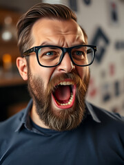 A bearded, shouting and angry looking man with black glasses