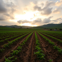 Freshly plowed agricultural field with deep furrows under a cloudy sky and rolling green hills in the background during golden hour