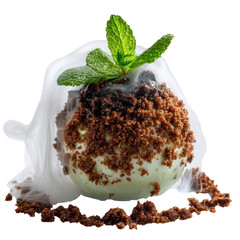 Mint chocolate chip ice cream scoop topped with chocolate crumbs fresh mint and smoke