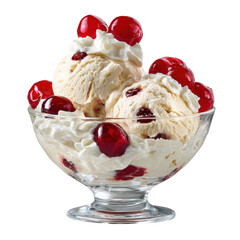 Vanilla ice cream sundae generously topped with whipped cream and bright red cherries