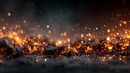 Fototapeta premium Glowing embers rising from dark rocks on a textured surface, with blurred light points against a dim, moody background