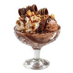 Rich chocolate ice cream sundae with whipped cream caramel drizzle cookie crumbs and chocolate curls