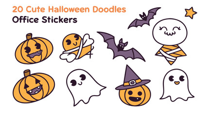 Illustration of halloween themed doodles including ghosts pumpkins bats and a mummy on a white background