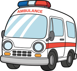 Cartoon ambulance with smiling face, emergency medical transport illustration, cute healthcare vehicle art, isolated on white background, vector design
