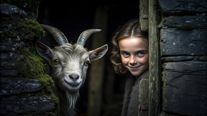A young girl and a goat peek out from a rustic doorway