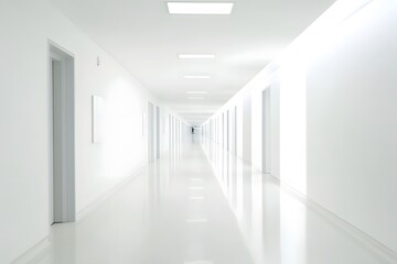 Fototapeta premium Modern hospital corridor, white walls, floor reflections, minimalistic design with soft lighting.