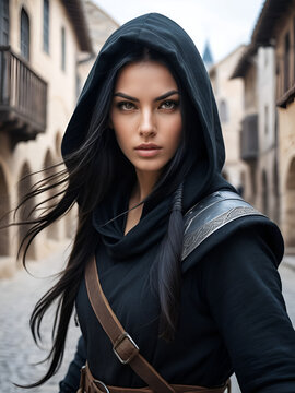 young female assassin with long black hair flowing in the wind and a strong expression on her face, outfit with a hood, daggers in her hands. blurred background of old medieval town, fantasy fictional