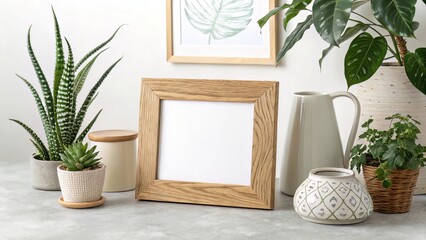 Botanical Frame Setup: Square Frame with Plants on Neutral Tabletop