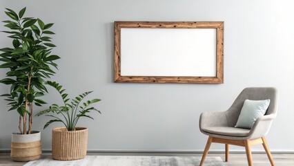 Tranquil Chair Corner: Horizontal Frame Above Grey Wall and Green Plant
