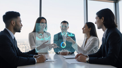 A diverse team of business professionals in a sunlit, modern office gathered around a large transparent screen displaying complex data analytics.
