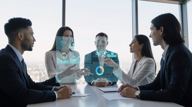 A diverse team of business professionals in a sunlit, modern office gathered around a large transparent screen displaying complex data analytics.