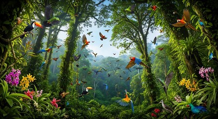 Lush Rainforest Canopy Filled with Diverse Colorful Birds