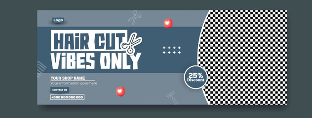 Barbershop Promotion Banner with 25 Percent Discount and Modern Graphic Elements