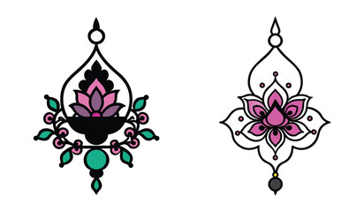 Two ornate floral designs with intricate patterns and colorful embellishments isolated on white background