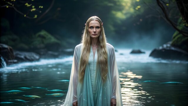 An ethereal elf woman stands in a mystical forest river - Powered by Adobe