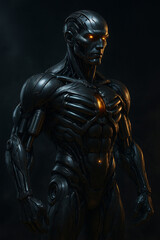 Futuristic Black Cyborg with Glowing Eyes and Chest Core

