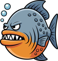 Cartoon piranha fish with sharp teeth and angry face, colorful underwater sea creature illustration, vibrant aquatic character, vector design