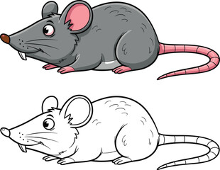 Cartoon rat character in color and black-and-white, educational animal illustration for kids coloring book, vector drawing, mouse design