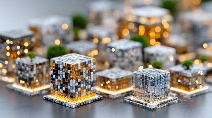 Pixelated cube structures with warm glowing light emanating from beneath, some with small green bushes on top