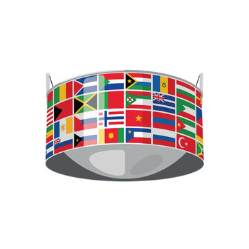 Circular, metallic banner or sign, adorned with diverse national flags, representing global unity.