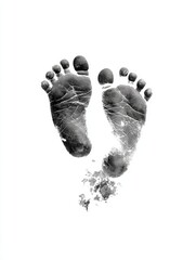 Black ink print of human baby feet on pure white background, symbolic minimal closeup representing birth, innocence, new life, childhood, footprint identity, and early developmental stage