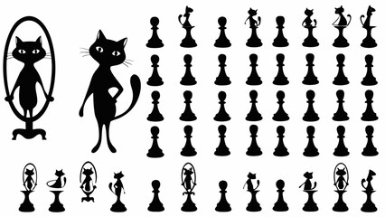 Silhouette of cat looking in mirror and cat standing next to chess pieces on a white background image
